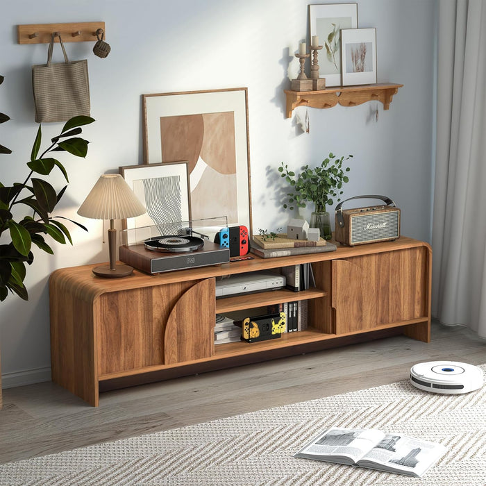 63'' TV Stand for up to 75" Tvs,Mcm TV Console Table with Big Arched Handle,Television Stands Entertainment Media Center with Sliding Door for Living Room Bedroom (Walnut)