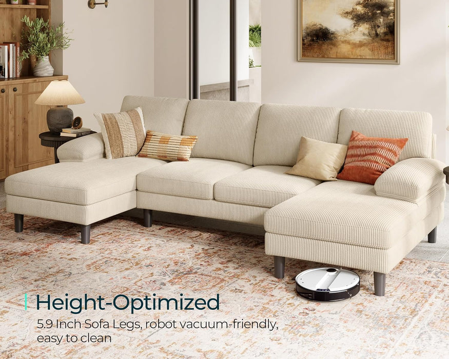 Sectional Couch, 111'' W Corduroy U Shaped Sofa with Sleepable Armrests, 4 Seat Couch with Double Chaises, Deep Sofa for Living Room, Beige