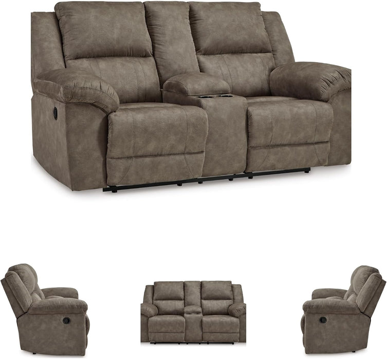 Laresview Contemporary Faux Leather Manual Double Reclining Loveseat with Console, Storage and Cup Holders, Gray