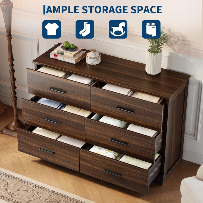 6 Drawer Dresser for Bedroom, Chest of Drawers, Walnut