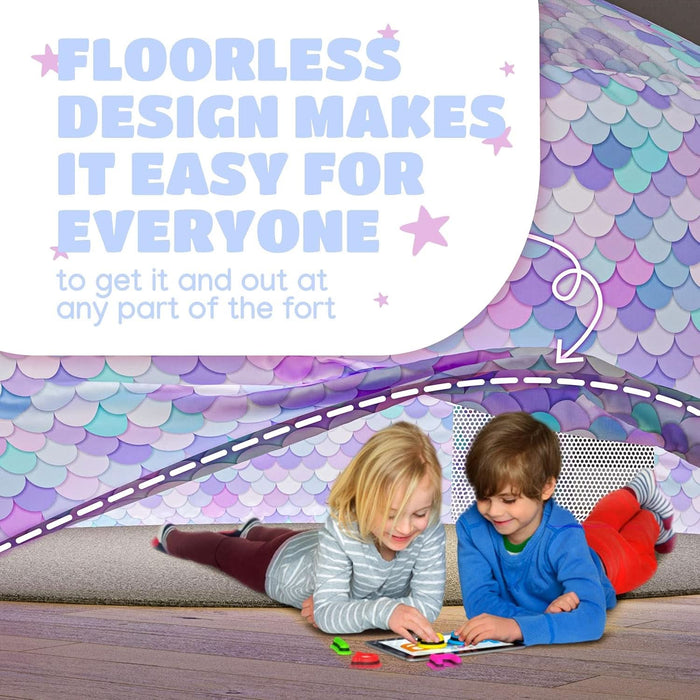 Air Tent for Kids (77” X 50”) Builds in 30 Sec, Toddler Tents Indoor for Imaginative Play, Spacious Kids Forts Indoor Playhouse for Boys & Girls Ages 3-14 (Fan Not Incl) (Mermaind Magic Fort)