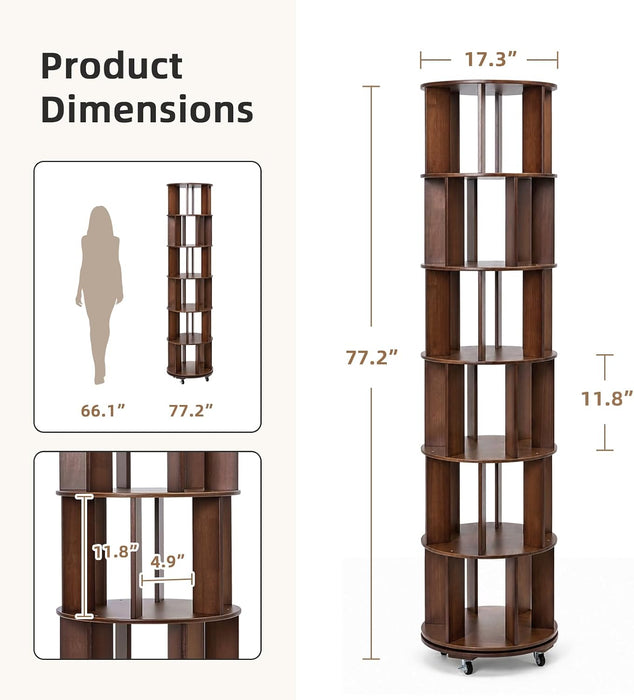 6-Tier Solid Wood Rotating Bookshelf on Wheels for Small Spaces