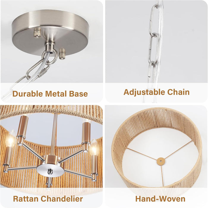 Rattan Chandelier Brushed Nickel Five Light Pendant