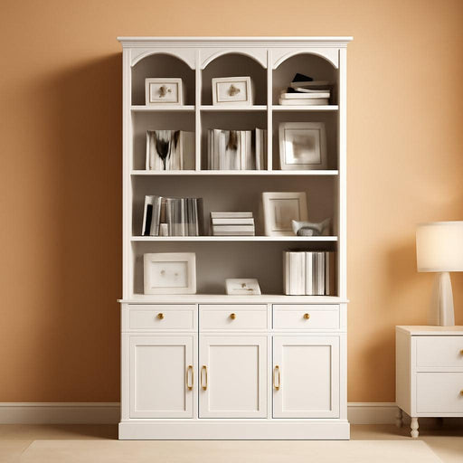 73.2" Tall Farmhouse Arched Bookshelf with Drawer and Door, 6 Tier Mid Century Modern Book Shelf and Bookcase with Storage, Floor Standing Display Cabinet for Living Room, Home Office, White