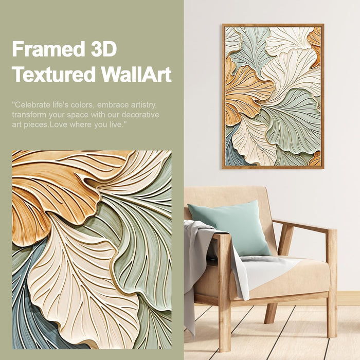 3D Neutral Earth Tone Impasto Ginkgo Leaf Textured Framed Canvas Wall Art Set, Pastel Minimalist Relief Wall Decor, Modern Art Prints for Living Room Hallway Bedroom Home Decor 24"X36"X3