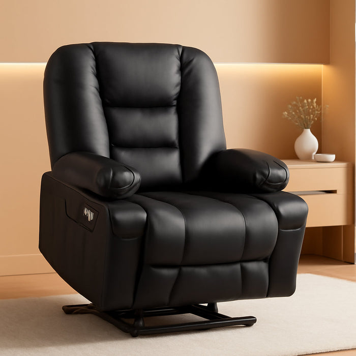 Large Power Lift Recliner Chair Sofa with Massage and Heat for Big and Tall Elderly People, 3 Positions, Cup Holders, and USB Ports, Faux Leather 7539 (Large, Black)