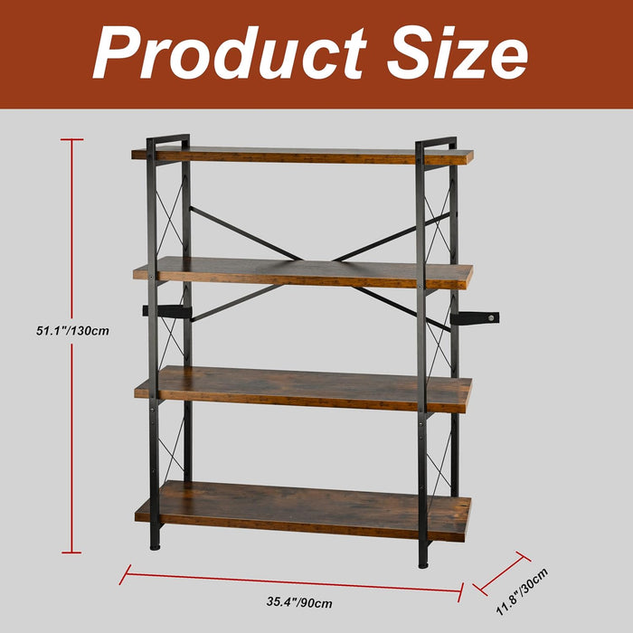 Bookshelf, Rustic Open Book Shelf, Wood and Metal Horizontal Bookshelves (4-Tier)