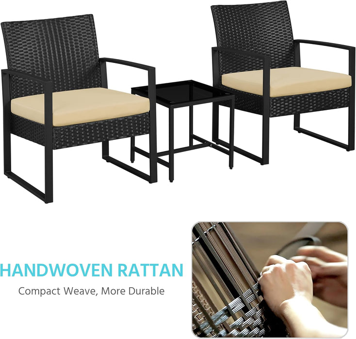 3 Pieces Rattan Bistro Set, Indoor/Outdoor Wicker Patio Modern Conversation Furniture, 2 Chairs & Tempered Glass Coffee Table for Garden, Balcony, Backyard, Poolside, Black/Khaki