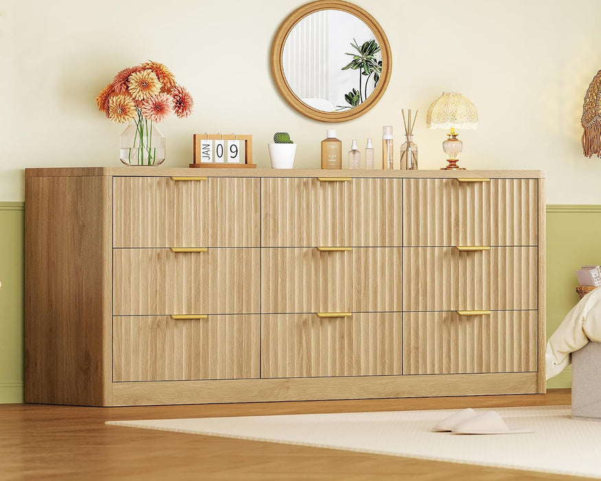 63" Dresser for Bedroom with 9 Drawers, Modern Dressers & Chest of Drawers with Metal Handles, Fluted Dresser, Wood Closet Clothes Storage Organizer for Living Room, Hallway, Natural