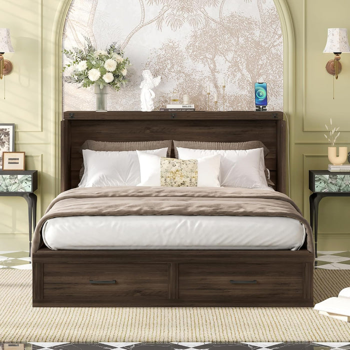 Farmhouse Wood Murphy Bed Chest with Charging Station, Foldable Wall Platform Bed with Storage Drawer/Space Saving/Wood Slat Support/Full, Gray