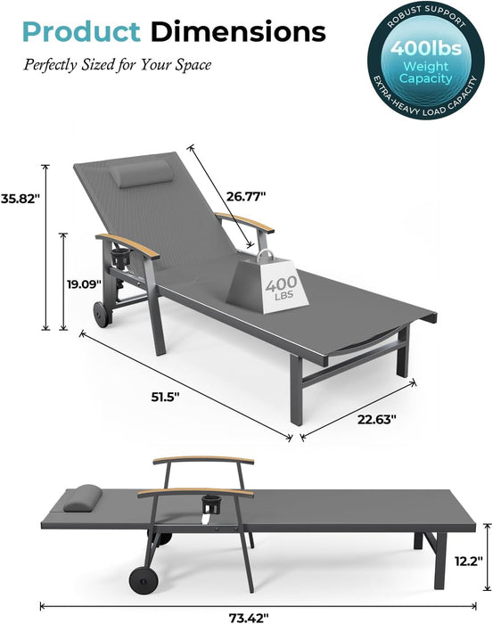 Outdoor Lounge Chair with Pillow, 5-Position Aluminum Chaise Lounge with Wheels & Armrests, 400 Lbs Heavy Duty Patio Pool Chair for Deck, Backyard, Beach & Poolside, Grey
