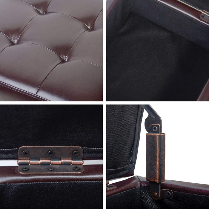 Tufted Leather Square Flip Top Storage Ottoman Cube Foot Rest (Brown with Storage)