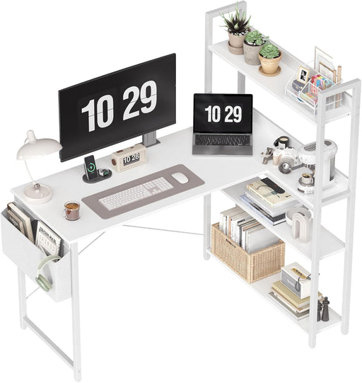 47 Inch Computer Desk with Bookshelf, Corner Desk with Storage, L Shaped Desk, Home Office Desks, Writing Study Desk for Bedroom, White