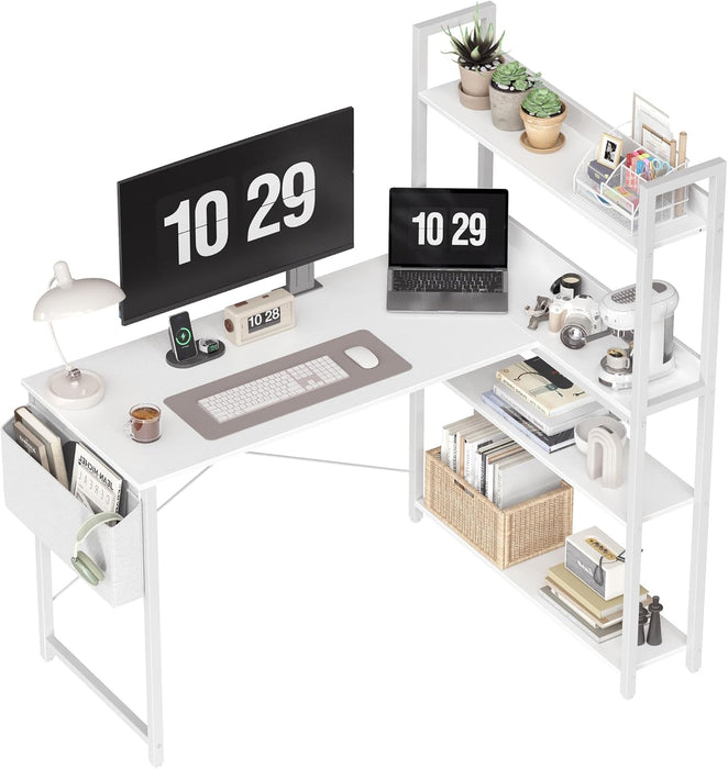 47 Inch Computer Desk with Bookshelf, Corner Desk with Storage, L Shaped Desk, Home Office Desks, Writing Study Desk for Bedroom, White