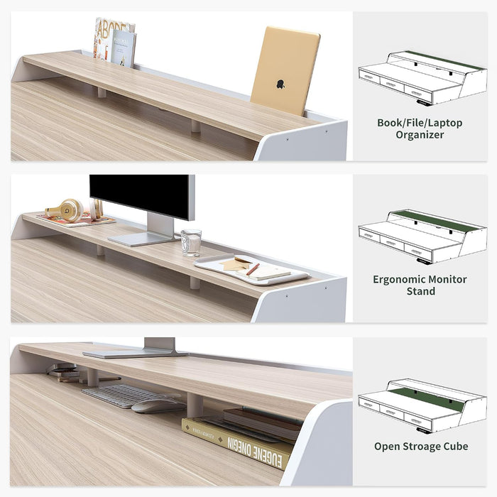 One-Piece Standing Desk 48X26 with 3 Wood Drawers, Light Walnut