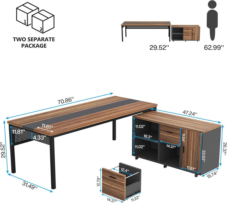 70.8" Large Executive Office Desk and 47" Lateral File Cabinet Combo, L-Shaped Computer Desk 2 Piece Business Furniture with Drawers and Shelves, Home Office Workstation, Walnut