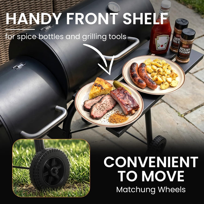 BBQ Charcoal Grill, Outdoor Heavy Duty Cooker Oven Barbecue Grill with Offset Smoker & Thermometer, Wheels and Tray for Patio Balcony Picnics, Party and Camping