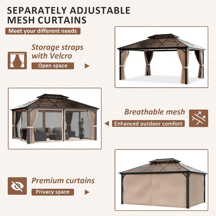 12x16 Brown Gazebo Polycarbonate Roof Aluminum Frame