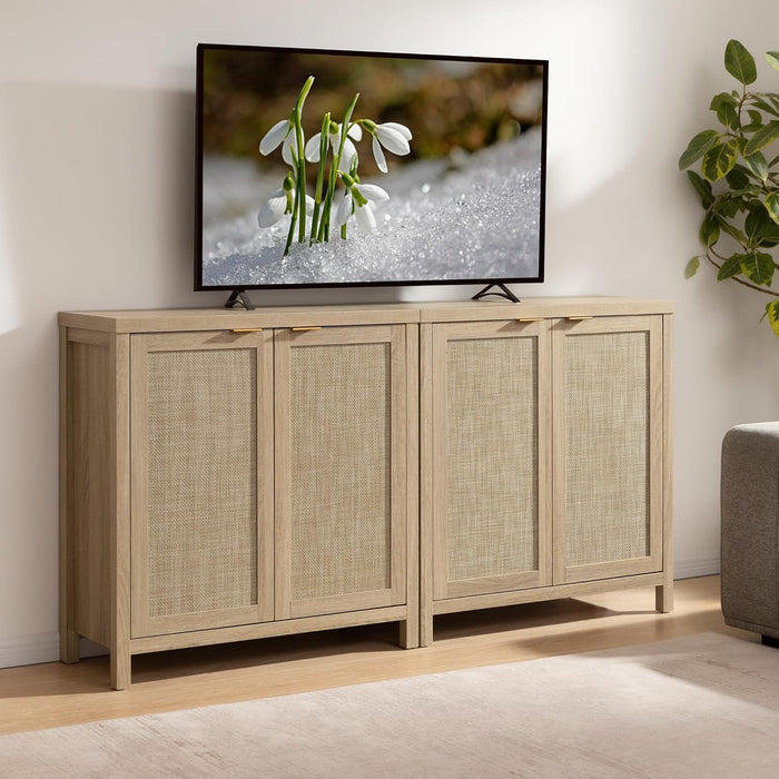 Sideboard Buffet Rattan Cabinet - Boho Larger Credenza Kitchen Storage Cabinet with Rattan Storage - Accent Buffet Console Table for Dining Room Hallway - 2 Pieces (Natural)