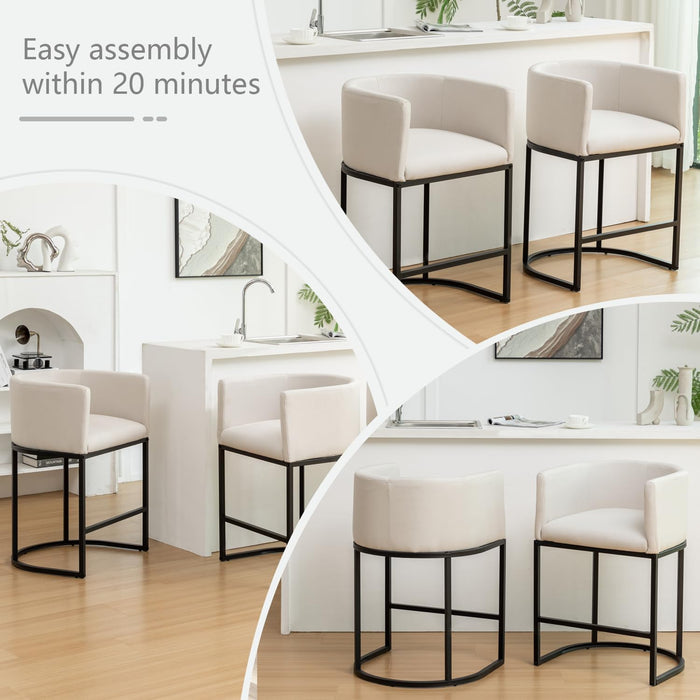 Counter Height Bar Stools Set of 4, 25" Modern Barstools with Backrest, Barrel Counter Stools with Metal Frames, Linen Fabric Upholstered Bar Stool for Kitchen Island, Pub (Beige)