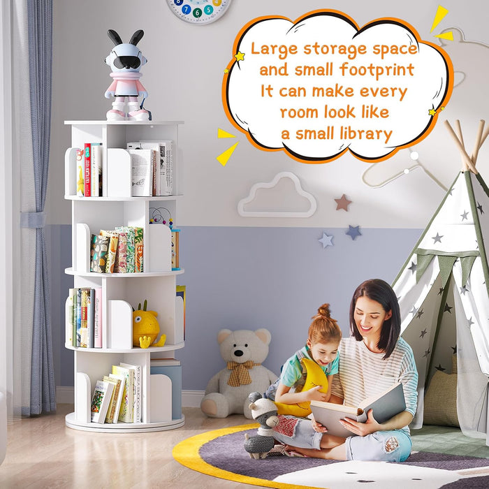 Rotating Bookshelf, 4 Tier Wood Spinning Bookcase Tower, White