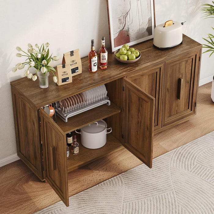 63 Inch Buffet Cabinet with Storage, 4 Square Doors, Brown