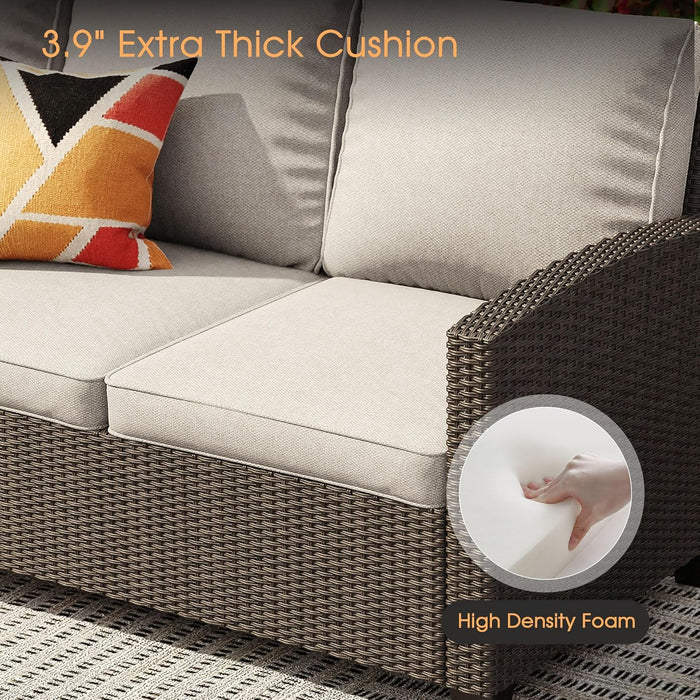 8 Pieces Patio Furniture Set with 45-Inch Firepit, Outdoor Wicker Conversation Set with 3-Seat Sofa, 4 Single Wicker Sofa and Metal Top Firepit with 2 Ottoman for Garden, Yard, Beige Cushion