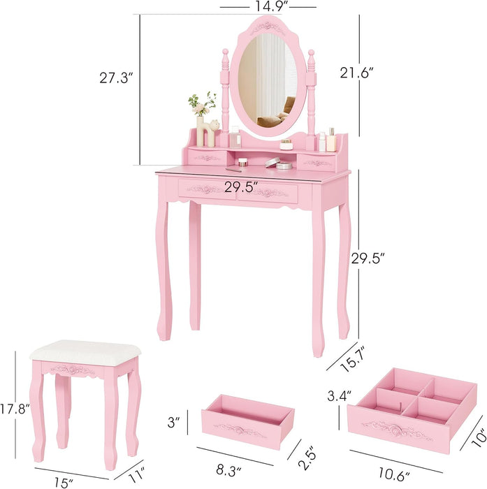Girls Vanity Desk Set with Mirror and Cushioned Stool, 2 in 1 Pink Makeup Vanity Dressing Table with 4 Drawers for Women and Girls, Bedroom Dorm