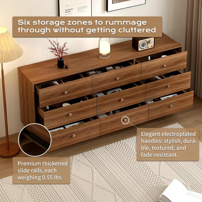 Mid Century Modern 9-Drawer Dresser, 63 Inch Wide Solid Wood Frame Chest, Walnut Finish, Beveled Design, Heavy-Duty Drawer Glides, Storage Cabinet for Bedroom, Living Room, TV Stand