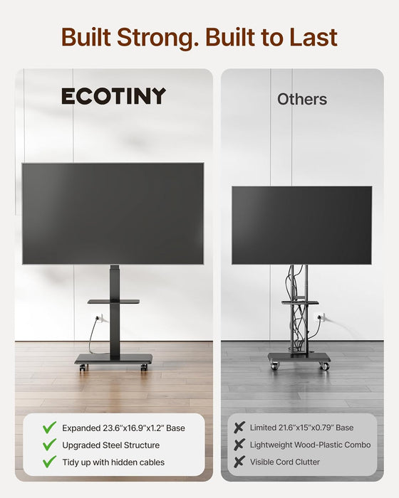 Steel Base Rolling TV Stand for 32-75 Inch Tvs up to 110 Lbs, Leveling & Tilt & Swivel Mobile TV Stand with Hidden Wire Management, Height Adjustable Portable Tv Stand with Steel Shelf, Black