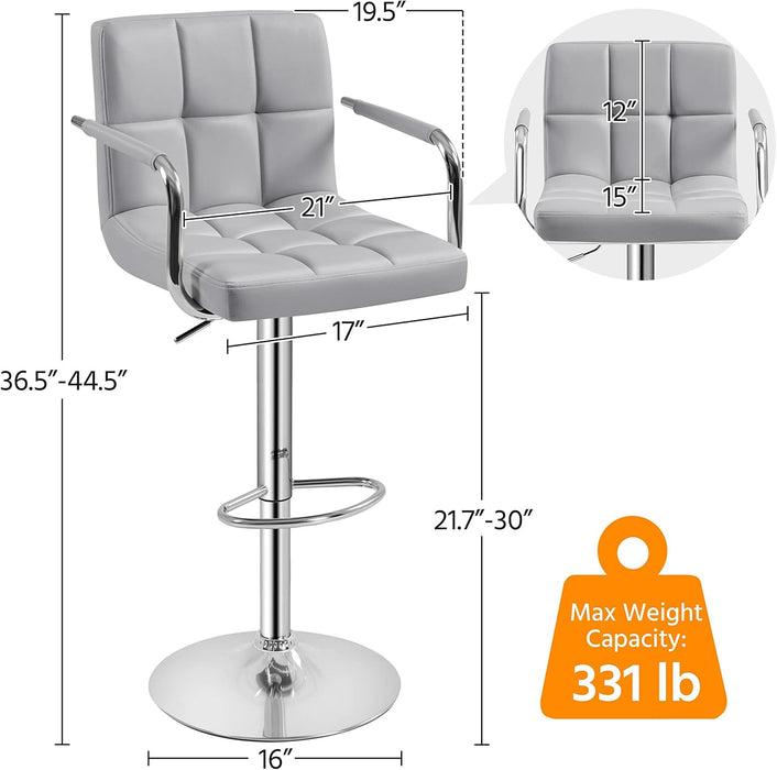 Modern Bar Stools Set of 2 Swivel Kitchen Stool Height Adjustable Square Counter Stool with Back&Armrest PU Leather Stool, Light Grey