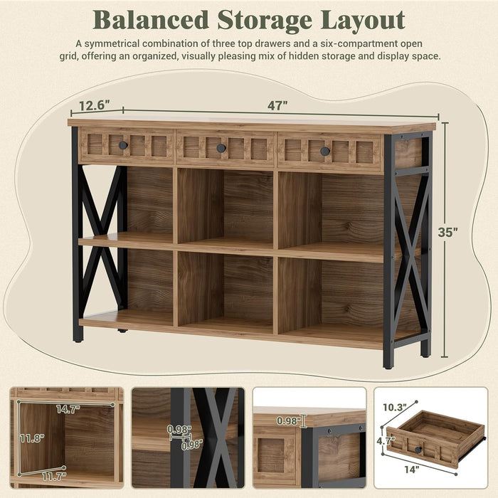 6 Cube Storage Organizer Bookcase, Cube Bookshelf with Drawers 47" | Short Open Bookshelf 3-Shelf Low Bookcase for Bedroom, Home Office, Living Room, Entryway, Brown Oak