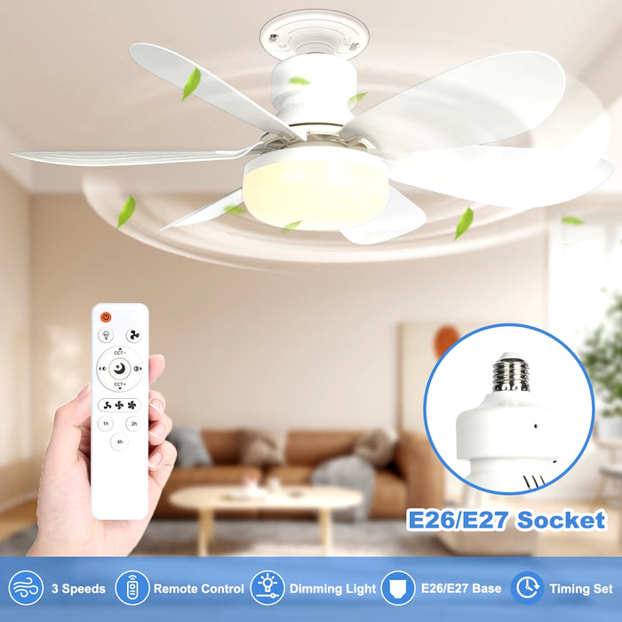 40W Socket Fan Light, 21.5" Screw Ceiling Fan with Light and Remote, E27 Socket Fan with LED for Bathroom, Bedroom, Kitchenfor