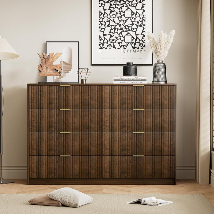Walnut Dresser for Bedroom, Modern Dresser with 8 Drawers and Smooth Slides, Wide Chest of Drawers with Golden Handles for Bedroom, Closet, 15.7" D X 55" W X 37.4" H