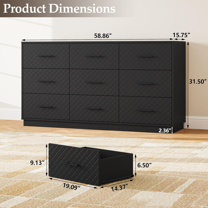 9 Drawers Dresser for Bedroom, 58” Wide Modern Chest of Drawers with Diamond Panel, Anti-Tipping Device, Wood Stable Storage Organizer for Bedroom, Nursery, Living Room