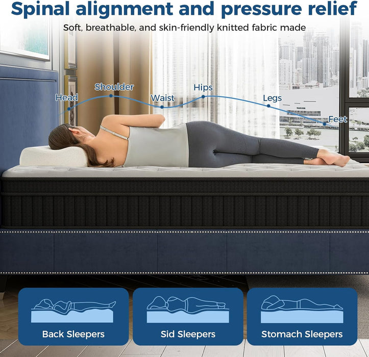 Queen Mattress, 12 Inch Mixed Memory Foam Mattress. Bagged Spring, Zoned Pressure Relief, Medium Firm Feel, Motion Isolation, Deep Sleep, Certified Safe Foams and Fabric, Certipur-Us,Black