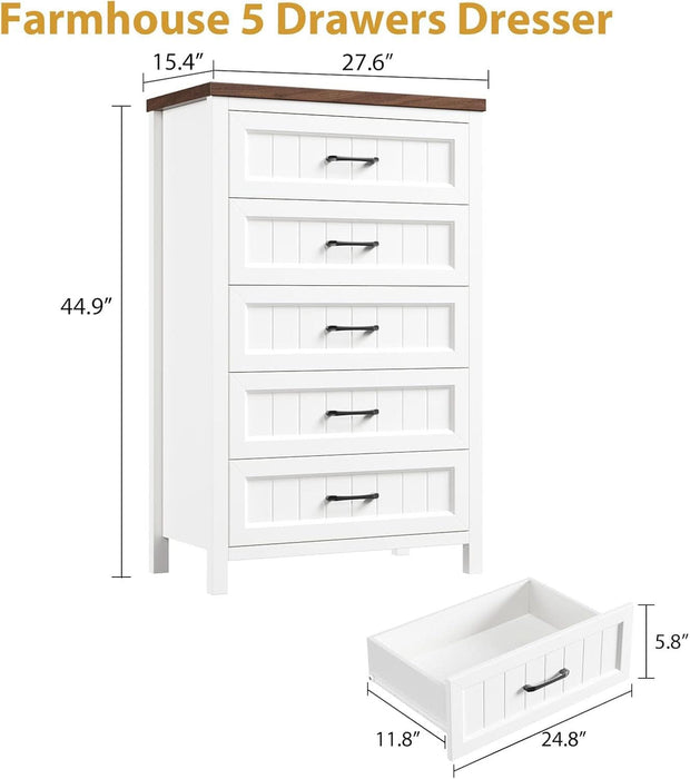 5 Drawer Dresser for Bedroom - Farmhouse 44.9" Tall Chest of Dresser with Large Storage, Rubst Wood Construction for Living Room, Hallway & Entryway - White (White & Brown)