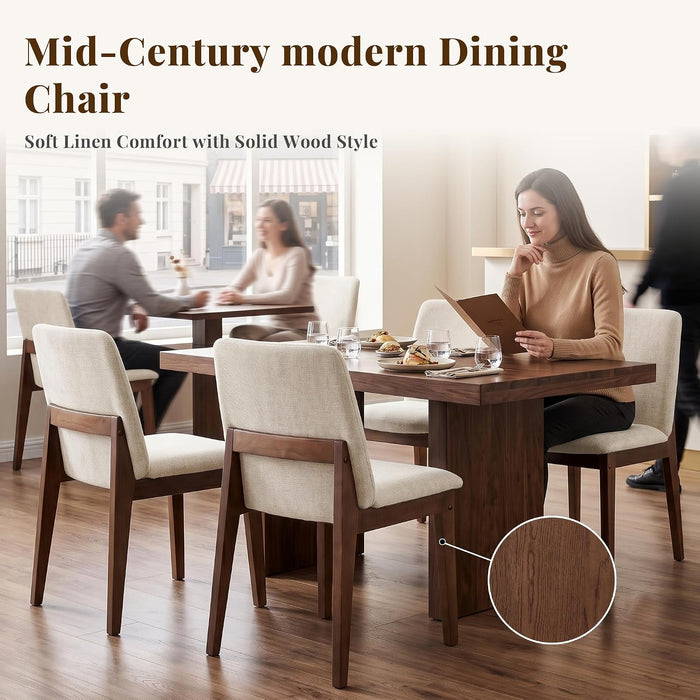 Wooden Dining Chairs Set of 4, Mid Century Modern Kitchen Chairs with Ergonomic Back & Upholstered Linen for Kitchen Dining Vanity, Beige