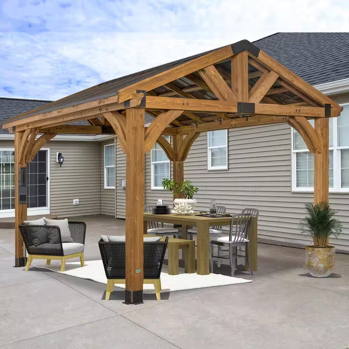 Arlington 12 Ft. X 12 Ft. All Cedar Wood Outdoor Gazebo Structure with Hard Top Steel Metal Peak Roof and Electric