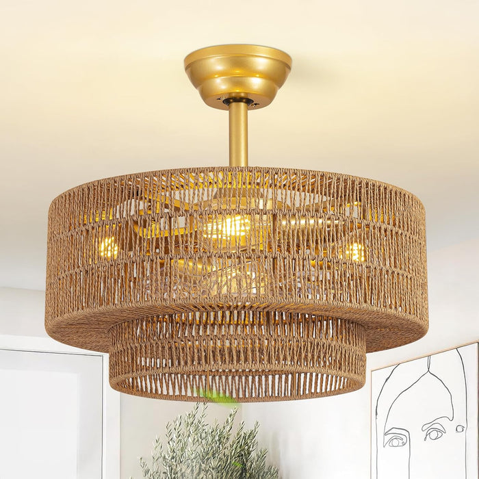 Boho Caged Fandelier with Lights Flush Mount Rattan Ceiling Fan