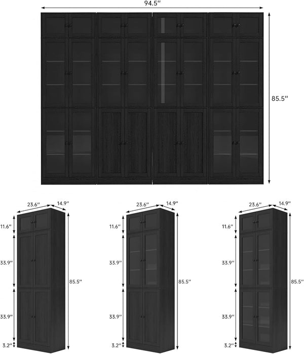 85.5" Modern Bookcase with Glass Doors Set of 4, 7-Tier Tall Wooden Bookshelf with Storage for Home Office, Large Curio Cabinet for Living Room, Office, Bedroom, Family Room (Black, ABBA)