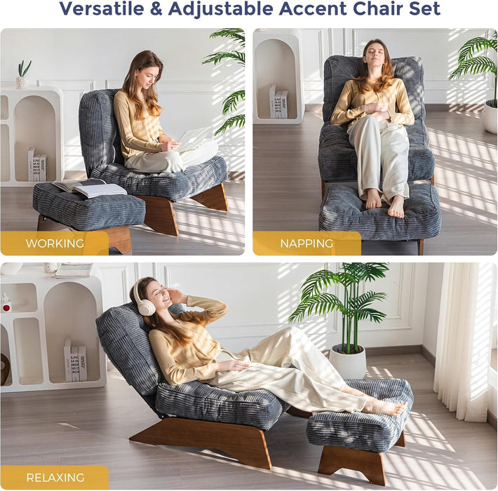 Accent Chair with Ottoman Adjustable Backrest, Tufted Living Room Chair Upholstered Lounge Chair with Footrest Set, Modern Chair Cozy Reclining Chair for Reading Room, Dark Grey