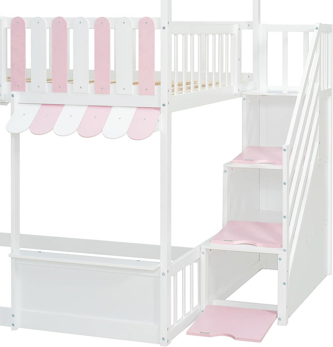Full Over Full House Bunk Bed StorageStaircaseWithDrawersWhitePink