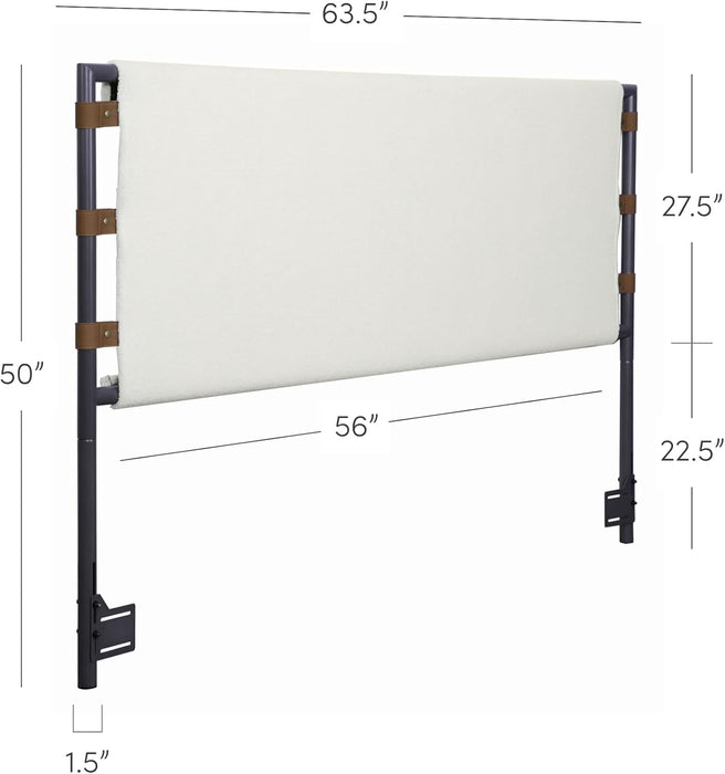 Aspen Queen Bed Headboard, Boucle Upholstered Headboard with Leather Straps and Black Matte Metal Frame, White/Black