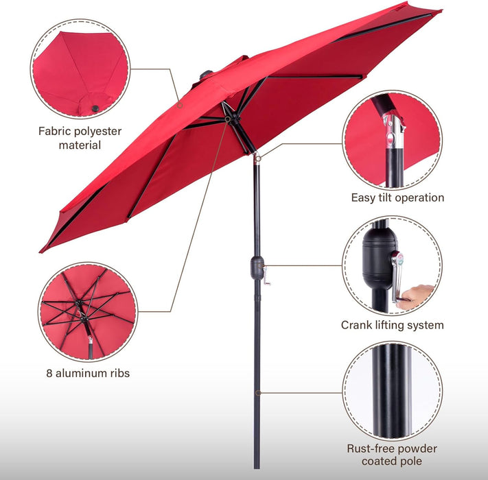 9 Ft Patio Umbrella with Push Button Tilt and Crank System - UV Resistant Polyester Fabric, Outdoor Table Umbrella, Yard Umbrella, Market Umbrella with 8 Sturdy Ribs - Red