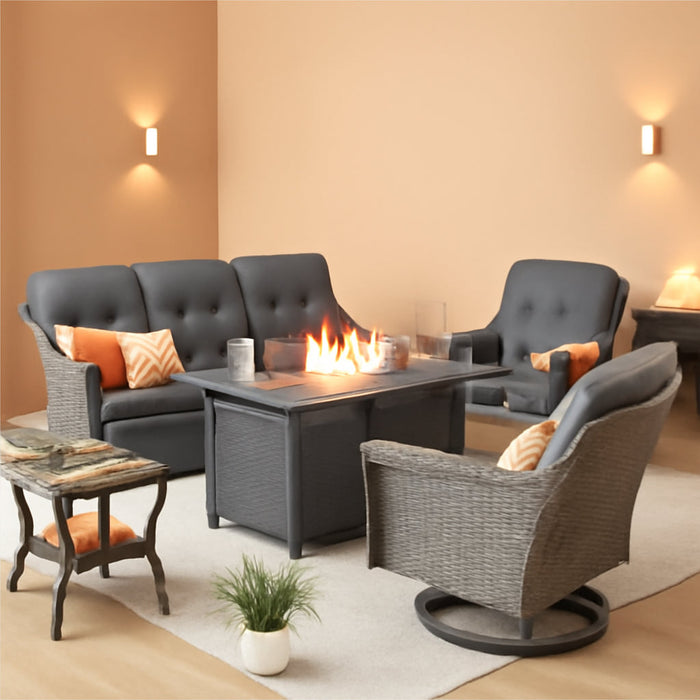 Outdoor 5 Piece Patio Furniture with Fire Pit Table,Wicker Coversation Set with Swivel Rocking Chair,Comfy Sectional Deep Sofa for outside Porch Balcony Backyard Pool,Dark Grey