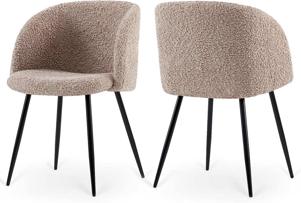 Accent Chairs Set of 2, Fuzzy Sherpa Dining Chairs with Barrel Back, Upholstered Faux Fur Armchairs with Black Metal Leg, Living Room Chairs (Light Brown)