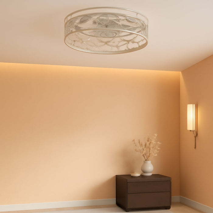 Caged Ceiling Fans with Lights, White Flush Mount Ceiling Fan with Remote, Small Low Profile Bladeless Ceiling Fan Light Fixture for Bedroom, Kitchen, Dining Room-White Gold Color