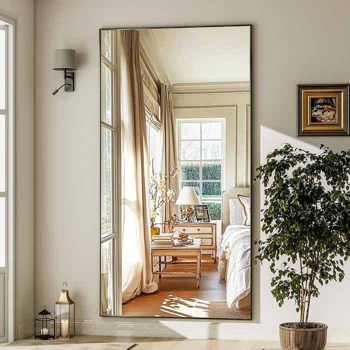71"X31" Full Length Mirror Extra Large Hanging or Leaning Rectangle Mirror Aluminum Alloy Thin Frame Bedroom Floor Dressing,Black