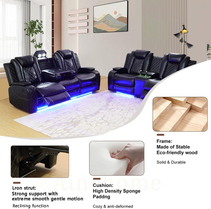 Power Leather Recliner Sofa Sets, 2 Pieces Living Room Furniture Sets with LED Lights, Grey Reclining Sofa Sets with USB Port for House/Office/Rv(C-Black, Sofa+Loveseat)